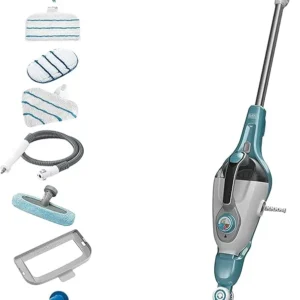 ممسحة موب بخارية 2 في 1 من بلاك اند ديكر مع رأس دلتا وقفازات ستيميت و11 ملحق اضافي، قدرة 1600 وات، ابيض/ازرق اكوا – bhsm166dsm gb